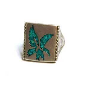 Vintage Southwestern Nickel Ring With Turquoise Inlay Eagle Design Mens Size 8.5